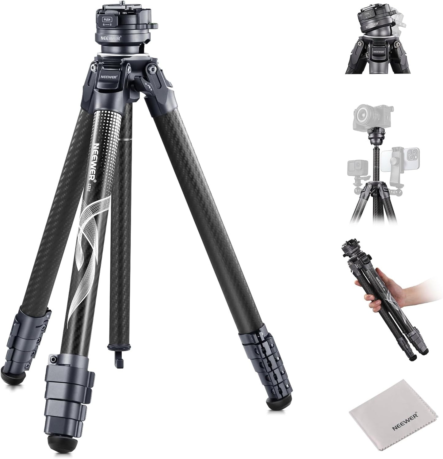 NEEWER LITETRIP LT32 Camera Travel Tripod, Carbon Fiber Portable Stand, Ball Head Detachable Center Axis Flip Buckle Cleaning Cloth Arca QR Plate Compatible with Peak Design Capture V3 (Former TP62)
