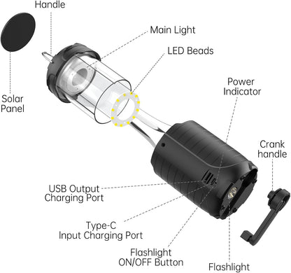 Solar Camping Lantern,Rechargeable LED Lights, 5000mAh Waterproof Solar Powered/ Hand Crank Powered Rechargeable Lantern, Emergency Lights for Power Outages, Hiking, Campsites, Emergencies