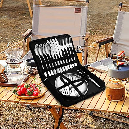 Camping Silverware Silver Picnic Plates and Utensils Set for 4 Portable Tableware Stainless Steel Dinnerware 20 Pieces With Organizer Bag Reusable Durable