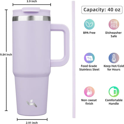 40 oz Tumbler with Handle and 2 Straws,2 in 1 Lid Insulated Water Bottle Stainless Steel Travel Coffee Mug,Wisteria