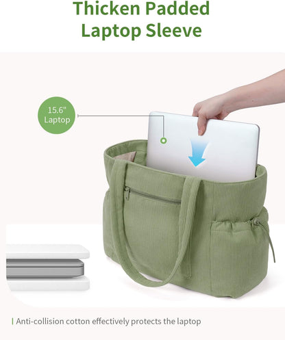 ECOHUB Tote Bag for Women, Work Tote Bags with Laptop Compartment, Large Corduroy Tote Bag with Stanley Cup Holder