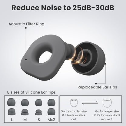 2 Pairs of Earplugs for Sleeping,Reusable Hearing Protection Earplugs with 8 Pairs Ear Tips & One Connector Cord,Soft Earplugs for Noise Reduction,Concert,Musician & Work - 25dB-30dB, Grey