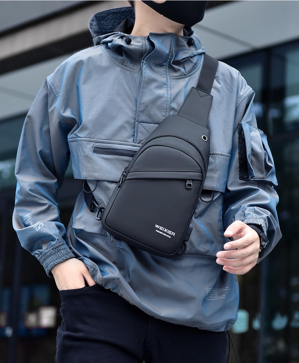 Waterproof Sling Bags Mens Shoulder Crossbody Backpack with USB Charging Port& Headphone,Outdoor Lightweight Bag