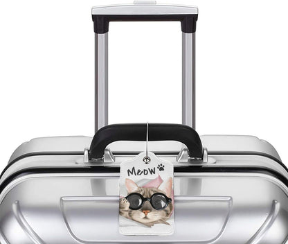 2 Pack Cute Cat Luggage Tags for Kids Girls Women Travel Funny Animal with Sunglasses Print on PU Leather Bag Tags Accessories Privacy Cover ID Label with Stainless Steel Loop for Backpack Suitcase