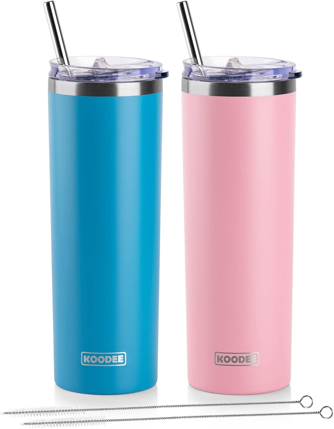 koodee 20 oz Tumbler with Lid and Straw-2 Pack Stainless Steel Insulated Coffee Tumbler Cup, Beach Cup Mug for Women/Men Diy Birthday Gift (Sky Blue-Pink)
