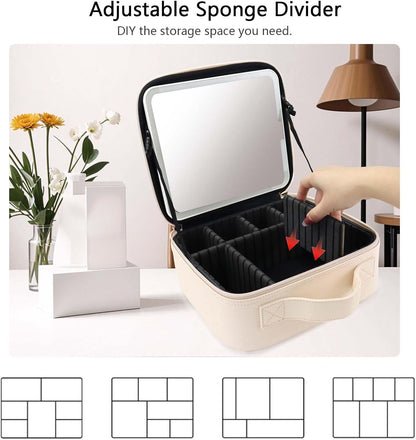 Travel Makeup Bag with LED Mirror Travel Makeup Organizer with 3 Lighted Settings, Adjustable Dividers and Makeup Brush Storage Bag White