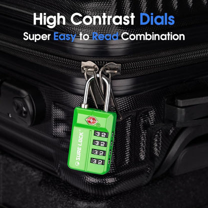 SURE LOCK TSA Approved 4-Digit Resettable Combination Luggage Locks with Open Alert, Easy-Read Dials - for Luggage, School Lockers, Gym, Office, Toolbox & Security Cases(Green 2 Pack)