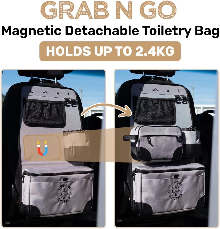 Living in a Bubble Seat back Organizer – Magnetic Toiletry and Cooler Pouch, Cordura Car Backseat Storage with Device Holder & Hooks, Multi-Compartment Utility Bag for Campervans & Family Travel