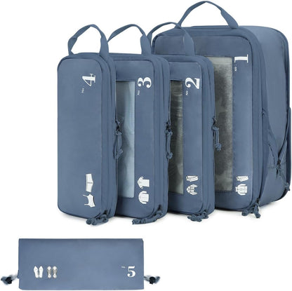 ECOHUB 5 Set Compression Packing Cubes for Suitcases Organiser Bags Set Travel Essentials with Shoe Bag for Traveling Tear-resistant Travel Accessories with ID Tag Expandable Packing Bags(All Blue)