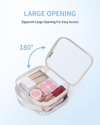 Narwey TSA Approved Clear Toiletry Bag for Travel, Waterproof PVC Clear Makeup Bags, Portable Compact Cosmetic Bag Make Up Organizer, Airport Airline Quart Size Compliant Bag (Greyish Blue Stripe)