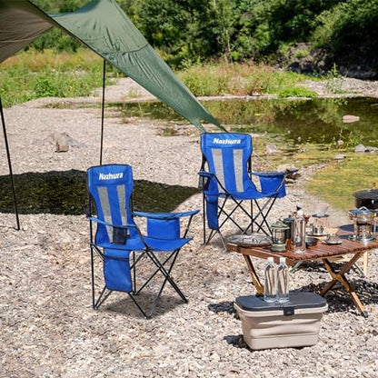 Nazhura 2 Pack Outdoor Camping Chairs Folding/Foldable/Portable with Cooler Pouch, Mesh Backrest and Cup Holder Pocket (Blue, Metal, 2 Pack)