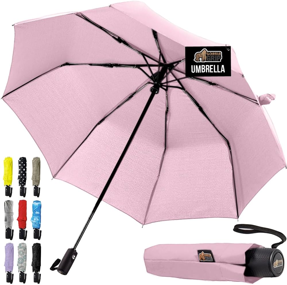 GORILLA GRIP Strong Stick Umbrella for Rain, Compact Travel One-Click Automatic Open Close, Lightweight, Portable, US Designed Reinforced Fiberglass Ribs, Wind Resistant, Easy Collapse, Pink