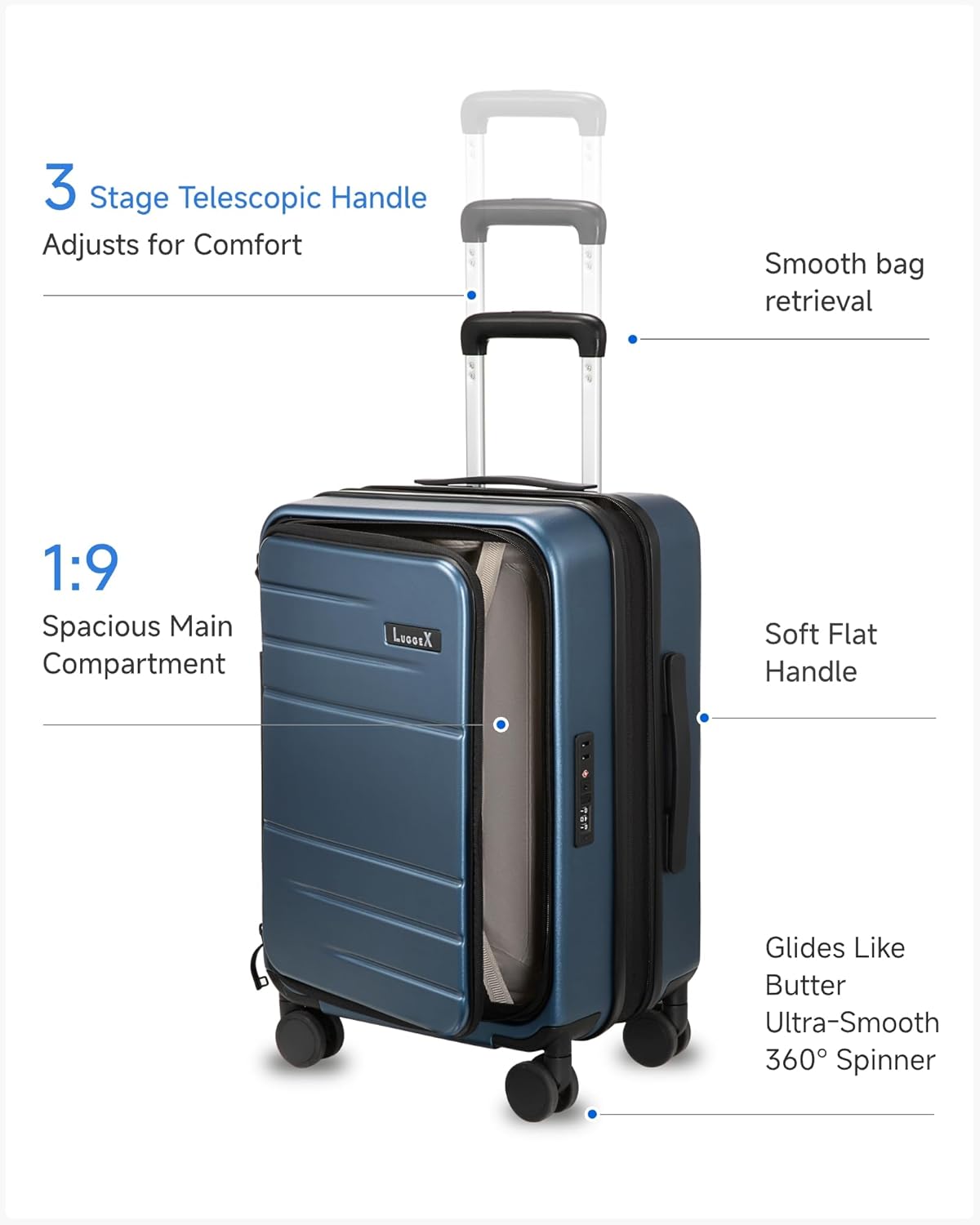 Carry On Luggage Top Opening, FLT Expandable Polycarbonate Hard Shell Suitcase with Wheels (FLO-Lite, Blue, 20 Inch, 38L-43L)