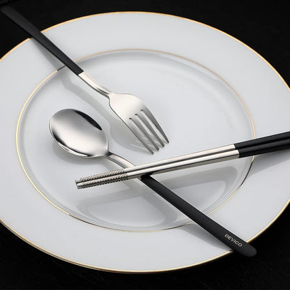 DEVICO Travel Utensils, 18/8 Stainless Steel 4pcs Cutlery Set Portable Camp Reusable Flatware Silverware, Include Fork Spoon Chopsticks with Case (Black)