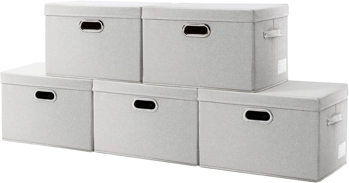 PRANDOM Collapsible Storage Bin with Lid [5-Pack] Fabric Foldable Storage Box Organizer Container Basket Cube with Cover for Home Bedroom Closet Office Beige(15.3x10x9.7)