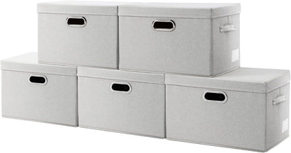 PRANDOM Collapsible Storage Bin with Lid [5-Pack] Fabric Foldable Storage Box Organizer Container Basket Cube with Cover for Home Bedroom Closet Office Beige(15.3x10x9.7)
