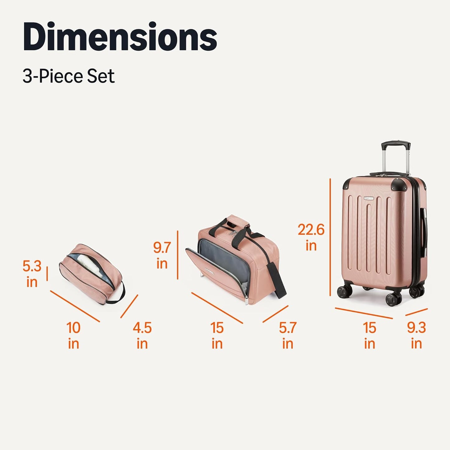 Amazon Basics 3-Piece Luggage Set, Including Carry-On Luggage (22" Expandable Hardside Suitcase With 8 Spinner Wheels), 15" Tote Bag, and 10" Compact Travel Bag, Rose Gold