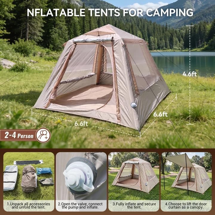 Inflatable Tents for Camping, 2-4 Person Blow Up Tent with Pump