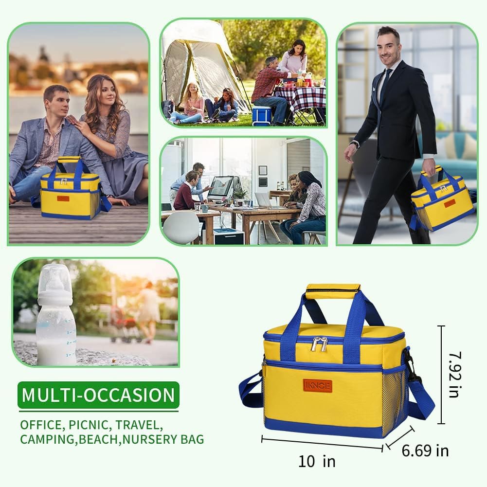iknoe Large Foldable Cooler Bag, 8.5L Insulated Lunch Bag, Leakproof Lunch Cooler Tote with Multi-Bag Design Suitable for Beach, Picnic and Office Use,Yellow 15-Can
