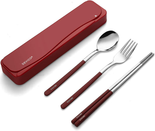DEVICO Travel Utensils With Case, 18/8 Stainless Steel Camping Utensils, Reusable Portable Silverware Cutlery Set For Lunch Box, Include Fork Spoon Chopsticks
