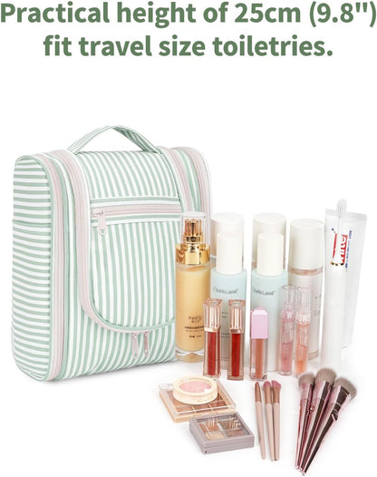 Narwey Small Striped Hanging Travel Toiletry Bag for Women, Travel Bag for Toiletries, Makeup Bag Organizer Cosmetic Bags Make Up Bags for Women (Mint Green Stripe)