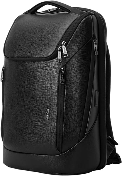 Durable Leather Laptop Business Backpack Perfect for Men & Women, Work Backpack Fits 15.6 Inch, Premium Quality Travel Bag with USB Charging Port, Water-Resistant, Bookbag with Multiple Pockets