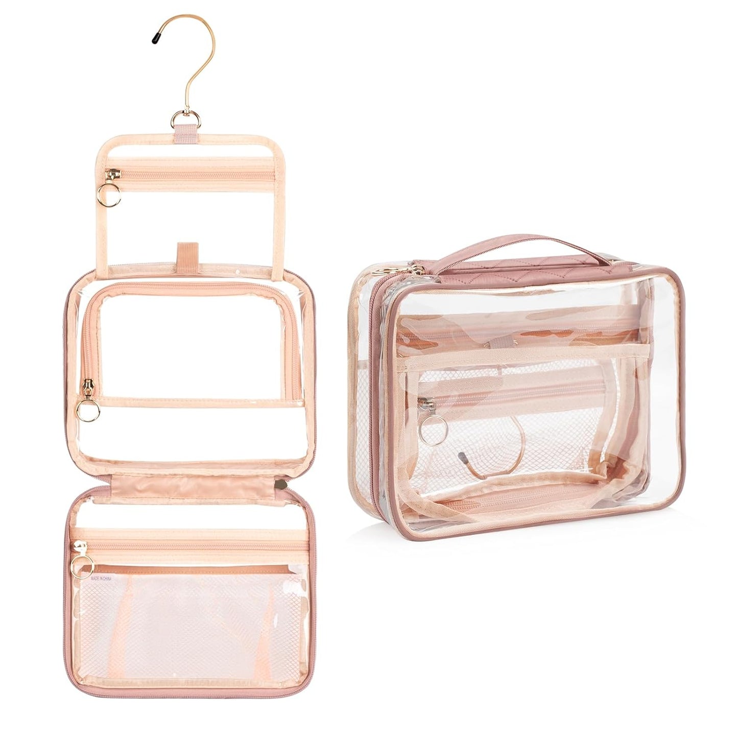 CUBETASTIC Clear Makeup Bag for Women, Transparent Cosmetic Organizer Case for Travelling, Hanging Toiletry Bag for Travel Essentials 3 Comparment Skincare Pouch with Potable Handle