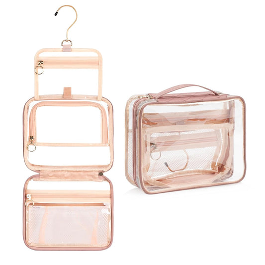CUBETASTIC Clear Makeup Bag for Women, Transparent Cosmetic Organizer Case for Travelling, Hanging Toiletry Bag for Travel Essentials 3 Comparment Skincare Pouch with Potable Handle