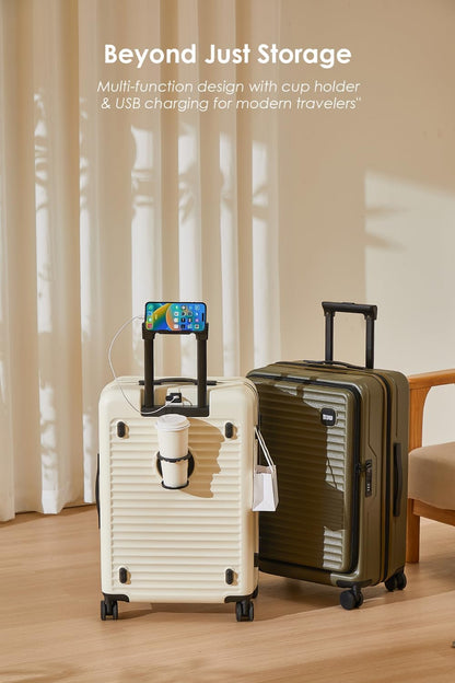 HotWay 28 Inch Expandable Front Opening Checked Luggage with Cup Phone Holder and USB Port, Lightweight Hardshell Suitcase with Wheels and TSA Aproved Locks