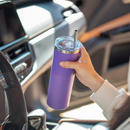 koodee 20 oz Skinny Tumbler (2 Pack) Stainless Steel Double Wall Insulated Water Tumbler Cup with Straw, Slim Travel or Women Diy Birthday Gift (Purple-Pink)