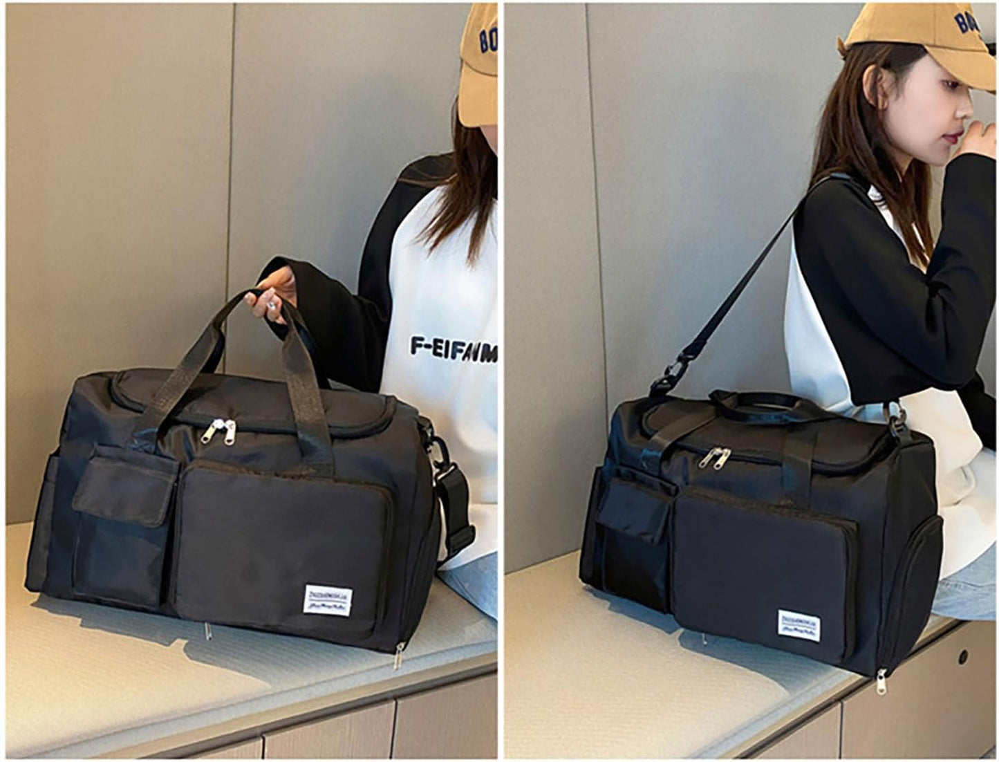 Multipurpose 20L Foldable Duffel Bag Gym Yoga Bag Carry-On Shopping Sack Travel Organizer Cabin Bag Sundry Package Wet&Dry Compartment (Black)