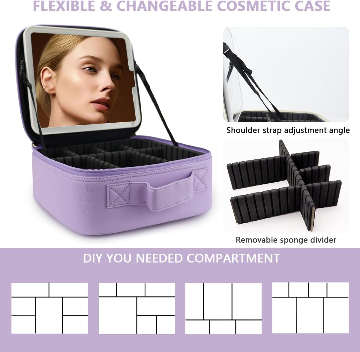 Travel Makeup Bag for Makeup Artists Large Makeup Case,with Mirror 3 Color Setting and Detachable 10x Magnifying Mirror Travel Makeup Bag,Portable Storage and Adjustable Dividers（Purple）
