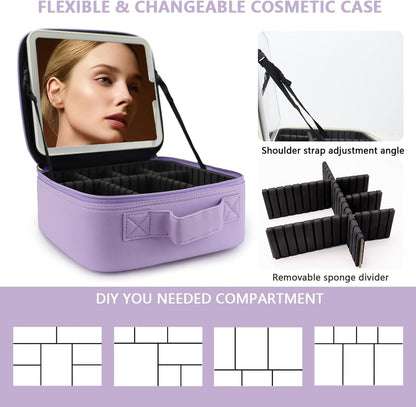 Travel Makeup Bag for Makeup Artists Large Makeup Case,with Mirror 3 Color Setting and Detachable 10x Magnifying Mirror Travel Makeup Bag,Portable Storage and Adjustable Dividers（Purple）