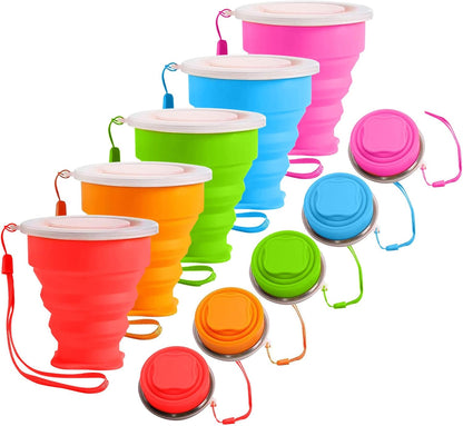 5Pcs Silicone Collapsible Cup for Travel, Reusable Folding Camping Cup Mug with Lids, Portable Expandable Drinking Cup Collapsible Water Cups Mugs Set Telescopic Camping Tumblers for Hiking