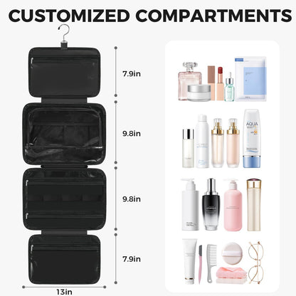 Toiletry Bag For women,Portable Hanging Organizer,4 Leakproof Compartment for full-sized Conditioner, Brushes Set, Makeup Accessories,Visible and easy to access.L-black