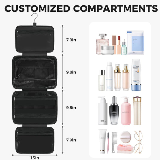 Toiletry Bag For women,Portable Hanging Organizer,4 Leakproof Compartment for full-sized Conditioner, Brushes Set, Makeup Accessories,Visible and easy to access.L-black