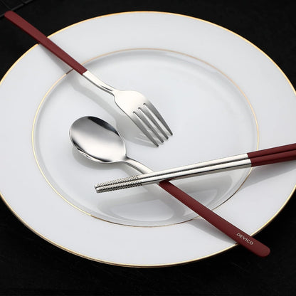 DEVICO Travel Utensils, 18/8 Stainless Steel 4pcs Cutlery Set Portable Camp Reusable Flatware Silverware, Include Fork Spoon Chopsticks with Case (Red)