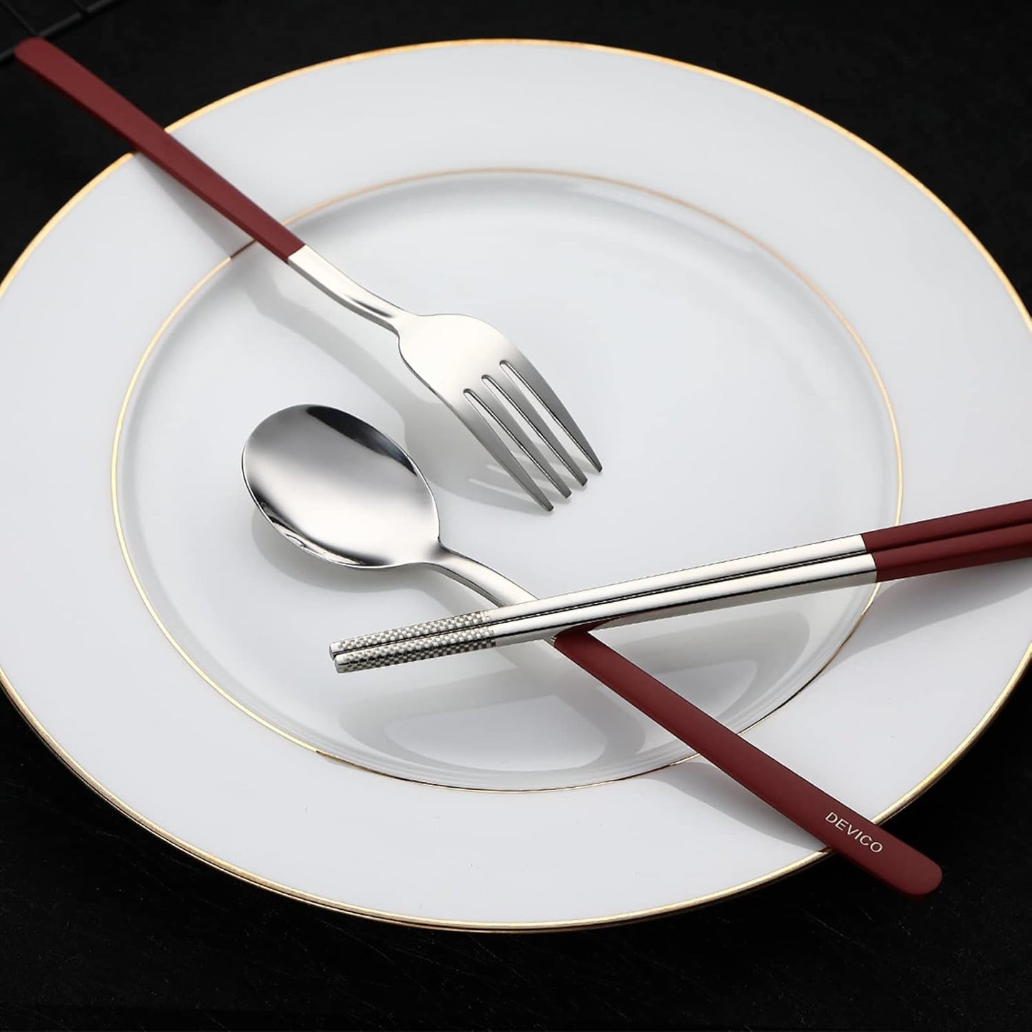 DEVICO Travel Utensils With Case, 18/8 Stainless Steel Camping Utensils, Reusable Portable Silverware Cutlery Set For Lunch Box, Include Fork Spoon Chopsticks