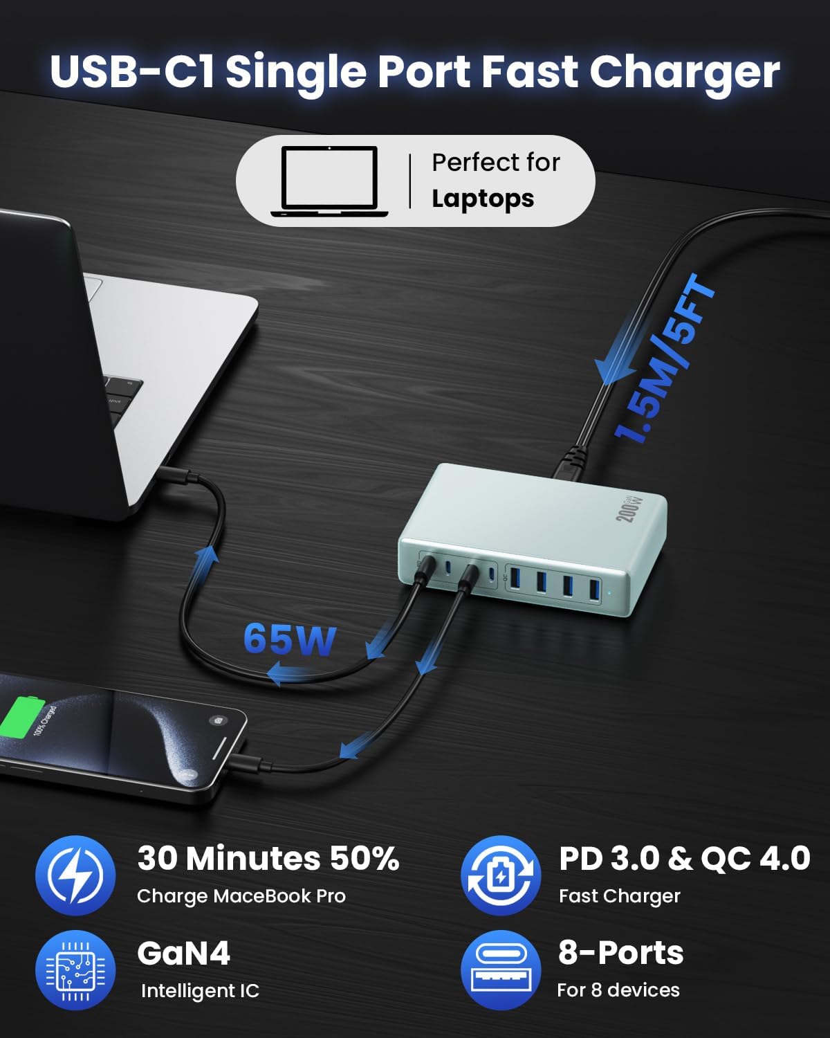 200W USB C Charger Block,GaN IV Charging Station 8 Ports,QC4.0 Fast Charging Station Hub+PD 65W USB C Laptop Charger Adapter Compatible with MacBook Air/Pro,DELL,iPhone 16/15,iPad,Steam Deck-Sky Blue