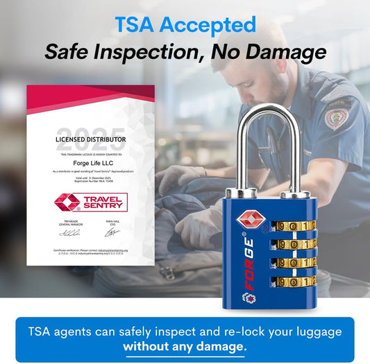Forge Dual-Opening: Key or Combination Access Lock, TSA Approved Locks for Luggage, Pelican case, Travel, Gym, School, Stainless Steel Shackle. (Blue 2 Pk)