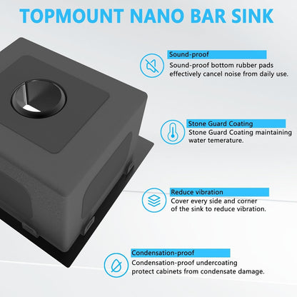 13 x 15 inch Drop in Bar Sink Black, Small Topmount Kitchen Sink Single Bowl 18 Gauge Handmade Wet Bar Sink with Drain