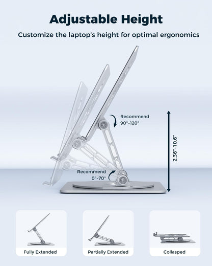 Adjustable Laptop Stand for Desk - Portable Laptop Riser with Rotating Base, Foldable Aluminum Computer Stand, Ergonomic Laptop Holder for MacBook Pro/Air Dell HP Lenovo Notebook up to 16" (Silver)