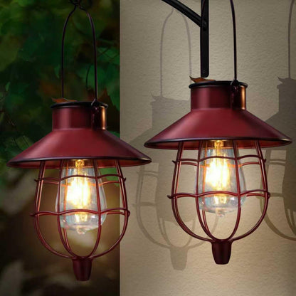 2 Pack Solar Lanterns Outdoor Waterproof Hanging Solar Lights with Vintage Metal Warm White Light Edison Bulb Design, Decorate for Garden Yard Porch and Christmas (Red)
