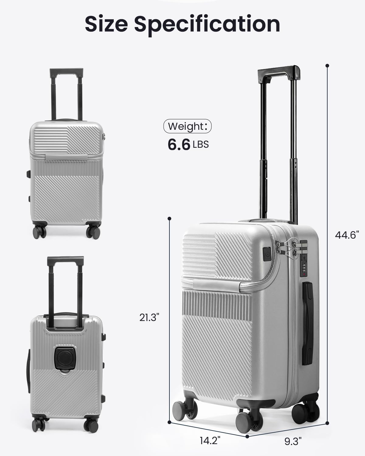 UrbanExplorer 20 Inch Carry-On Luggage with Front Opening, Cup Holder & USB Port, Lightweight ABS+PC Hardshell Spinner Suitcase, Airline Approved, 360° Wheels, White