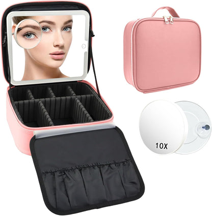 Travel Makeup Bag with LED Mirror and 10x magnifying glass with 3 Lighted Settings, Adjustable Dividers and Makeup Brush Storage Bag Pink