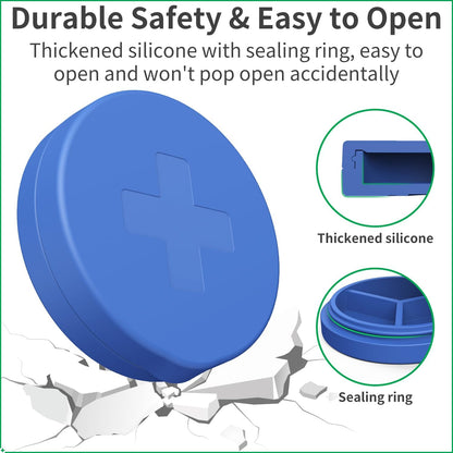 2 Pack Small Pill Box,3 Compartment Round Silicone Travel Pill Box for Purse Pocket, Waterproof Portable Compact Medicine Holder for Vitamin, Cod Liver Oil, Supplement(Purple+Blue)