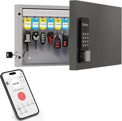 24 Key Lock Box Wall Mount, Smart Key Cabinet, use One Time Password,Fixed Code, Bluetooth, Wi-Fi Remote, Key Unlock, Security Lockbox Organizer for Valets, Hotel, Car, Office Key Management & Storage