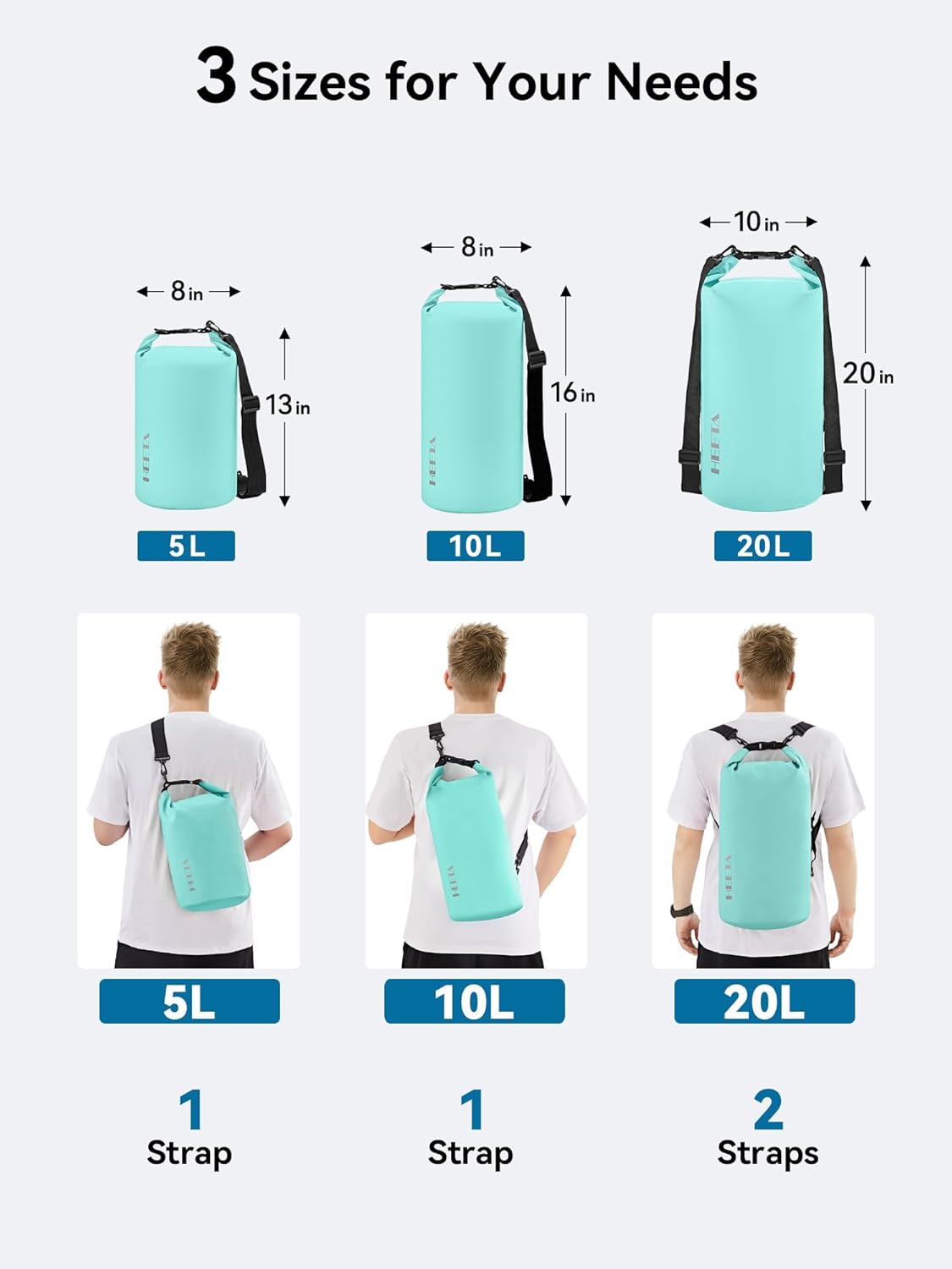 HEETA Waterproof Dry Bag for Women Men(Upgraded Version) 5L/10L/20L/30L/40L Roll Top Lightweight Dry Storage Bag Backpack with Emergency Whistle for Travel, Swimming, Boating, Kayaking, Camping, Beach