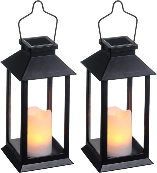 2 Pack Solar Lanterns, Outdoor Garden Hanging Lanterns, 11.8 Inch LED Flickering Flameless Candle Mission Lights for Yard, Table, Patio (Black)