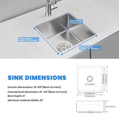 POPFLY 18 x 18 Inch Undermount Kitchen Sinks, Stainless Steel Single Bowl 9 - Image 7